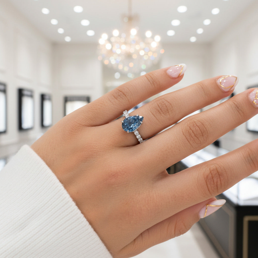 Pear Cut Blue Sapphire Engagement Ring-Black Diamonds New York