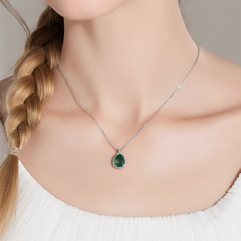 Pear-cut Natural Green Moss Agate Necklace-Black Diamonds New York