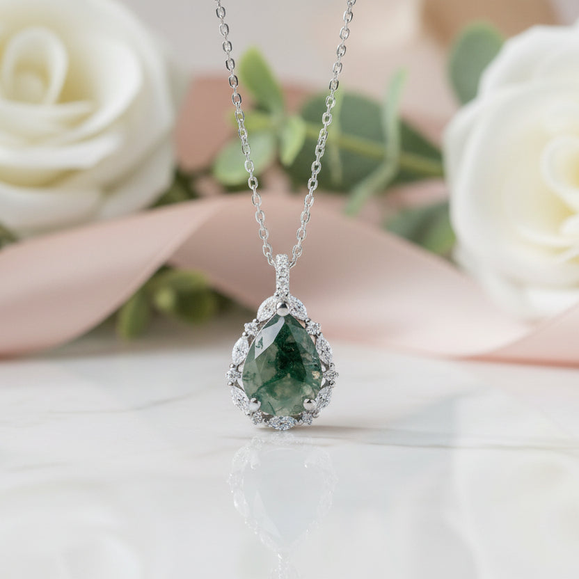 Pear-cut Natural Green Moss Agate Necklace-Black Diamonds New York