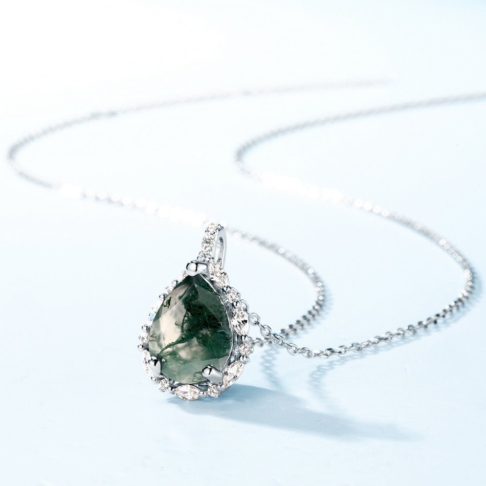 Pear-cut Natural Green Moss Agate Necklace-Black Diamonds New York