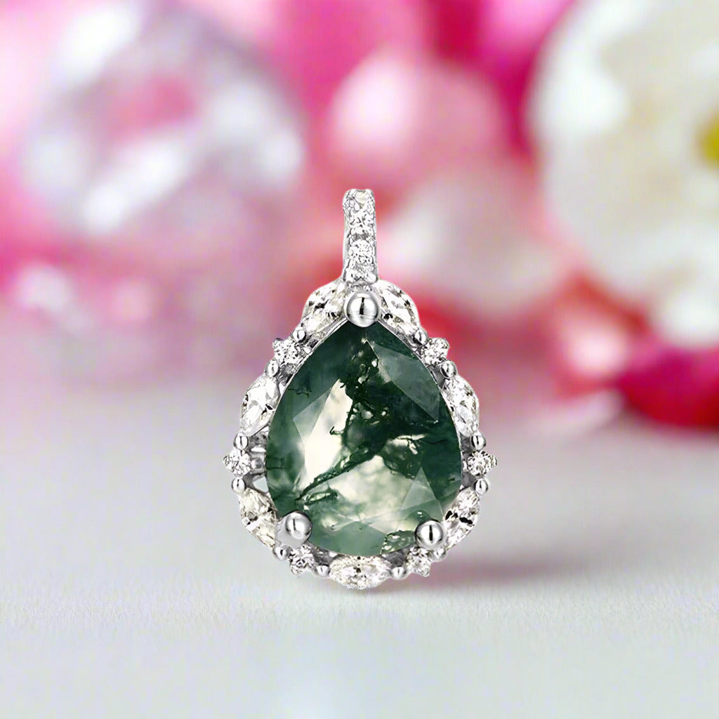 Pear-cut Natural Green Moss Agate Necklace-Black Diamonds New York