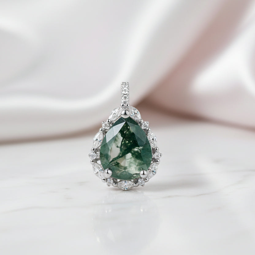 Pear-cut Natural Green Moss Agate Necklace-Black Diamonds New York