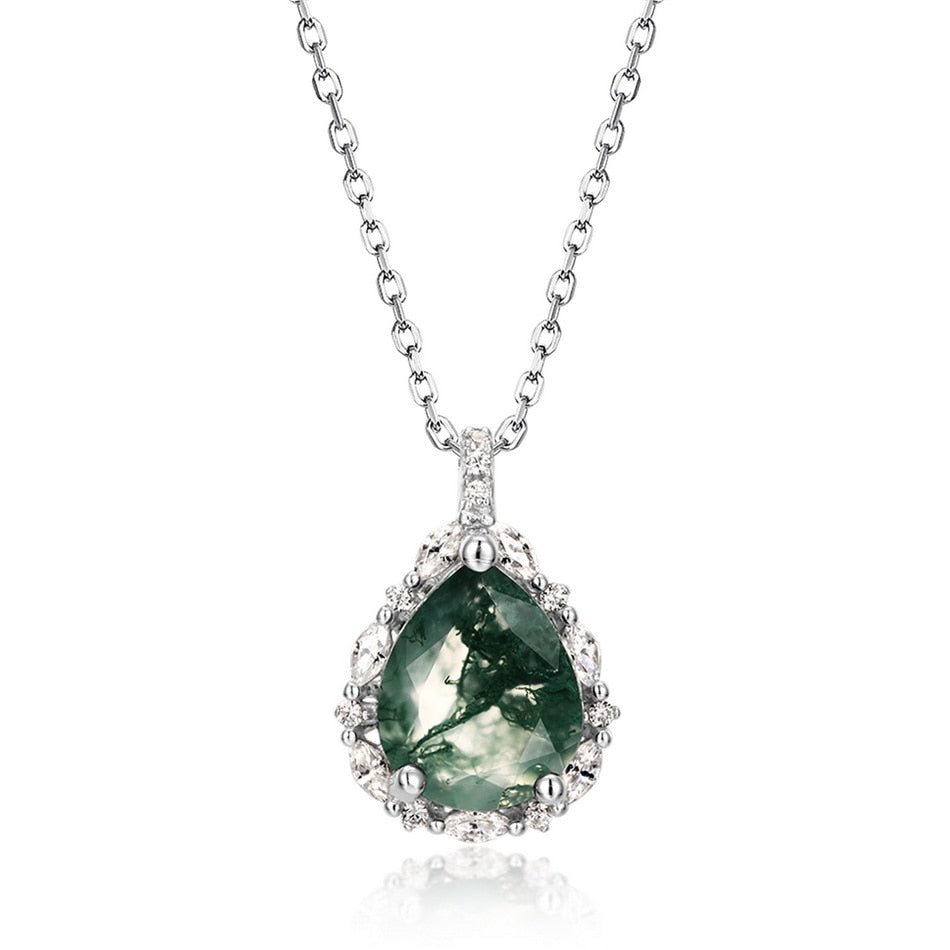 Pear-cut Natural Green Moss Agate Necklace-Black Diamonds New York
