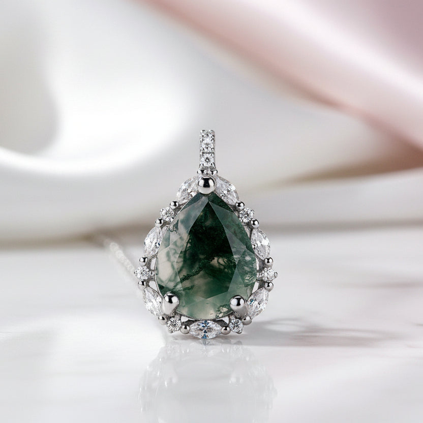 Pear-cut Natural Green Moss Agate Necklace-Black Diamonds New York