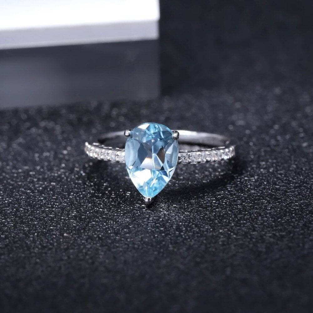 Pear Cut Sky Blue Topaz Rings Jewelry Set-Black Diamonds New York