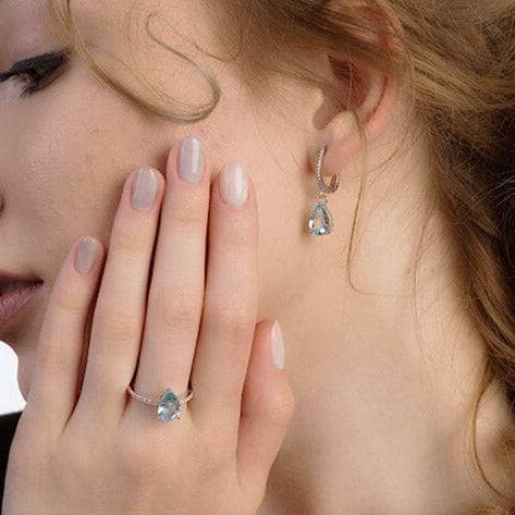 Pear Cut Sky Blue Topaz Rings Jewelry Set-Black Diamonds New York