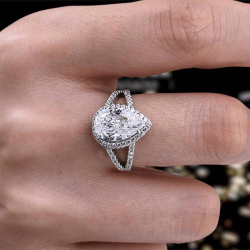 Pear Cut Simulated Diamonds Halo Engagement Ring-Black Diamonds New York