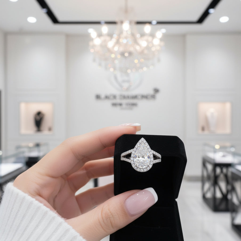 Pear Cut Diamonds Halo Engagement Ring-Black Diamonds New York