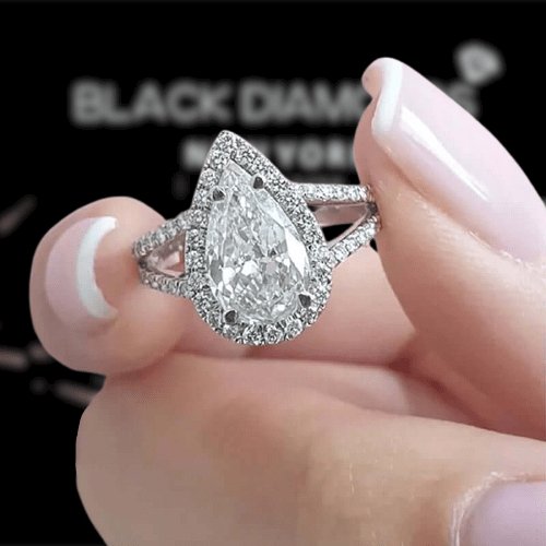 Pear Cut Sona Simulated Diamonds Halo Engagement Ring - Black Diamonds New York
