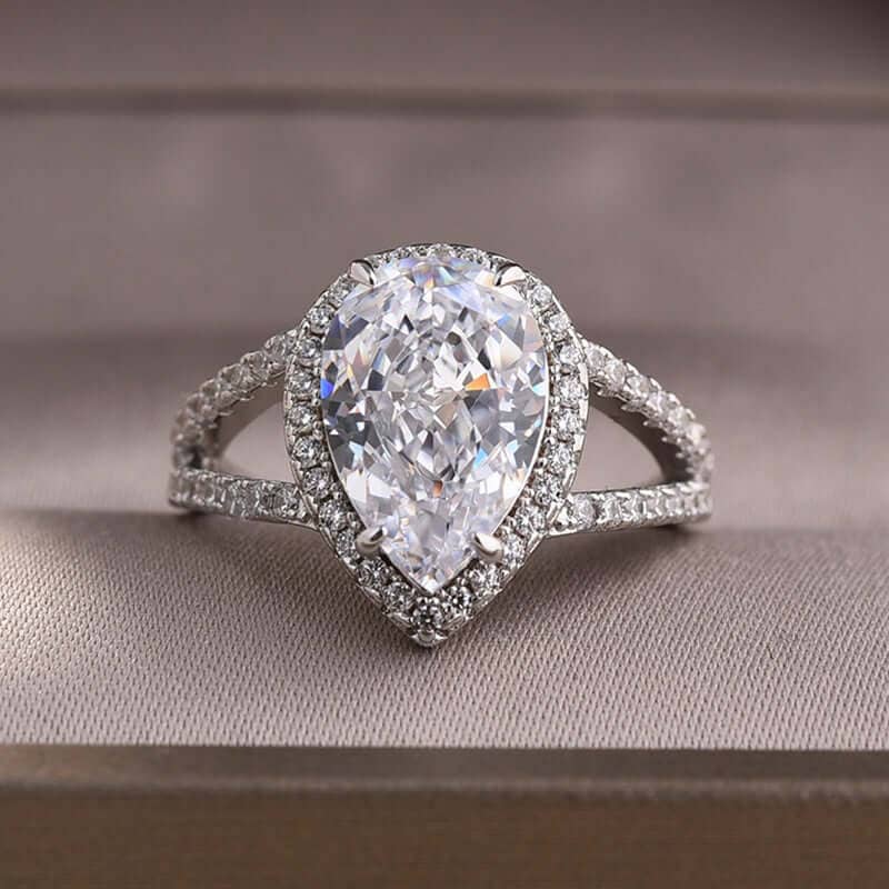Pear Cut Sona Simulated Diamonds Halo Engagement Ring - Black Diamonds New York