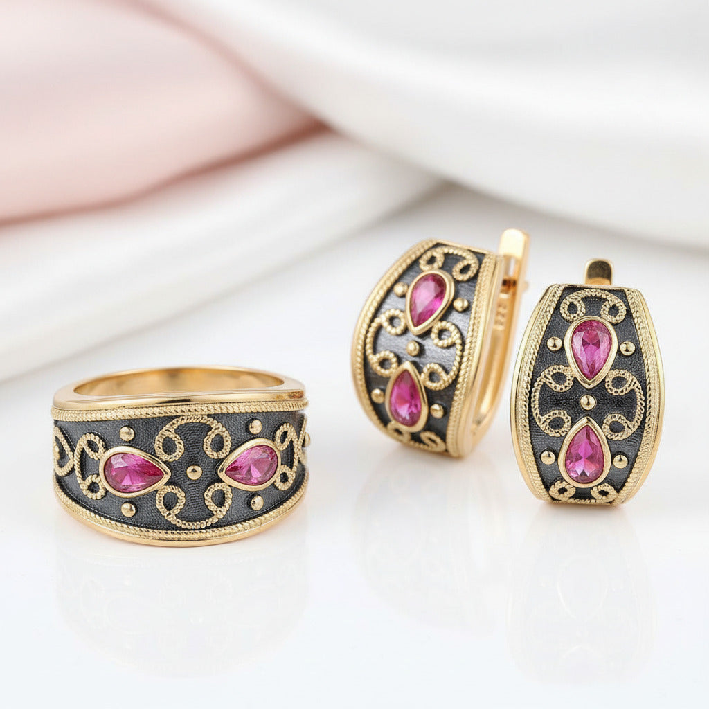Pear Exquisite Ruby Simulant Jewelry Set-Black Diamonds New York