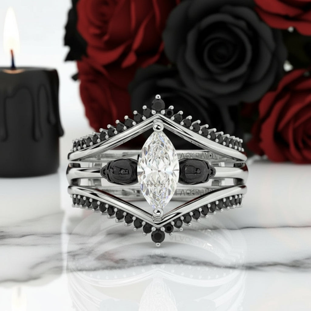Perfect Match- Marquise Cut Diamond Insert Skull Engagement Rings-Black Diamonds New York