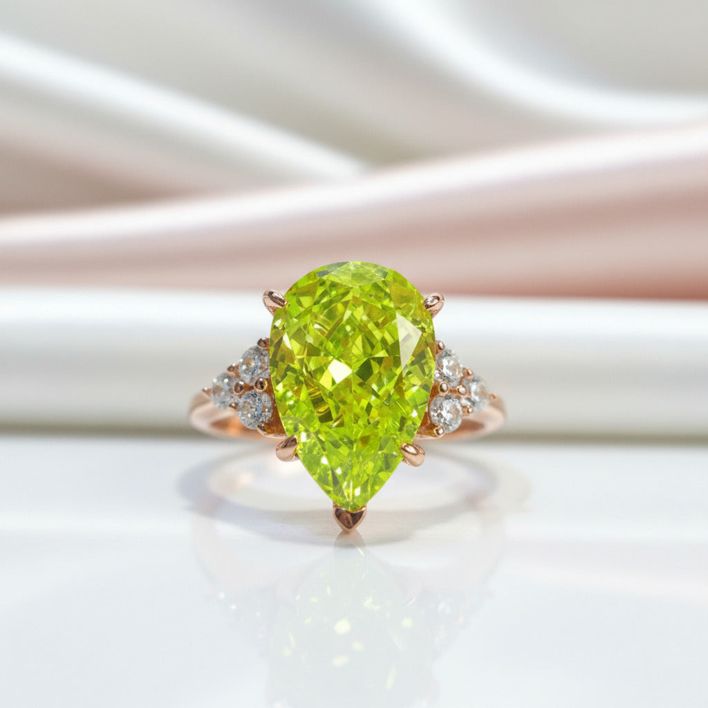 Peridot Pear Cut Simulated Diamond Option Engagement Ring-Black Diamonds New York