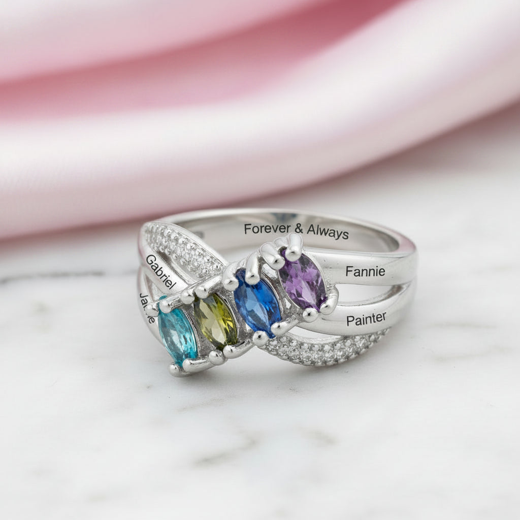 Personalized Family Name Engraved Rings with 4 Birthstones-Black Diamonds New York