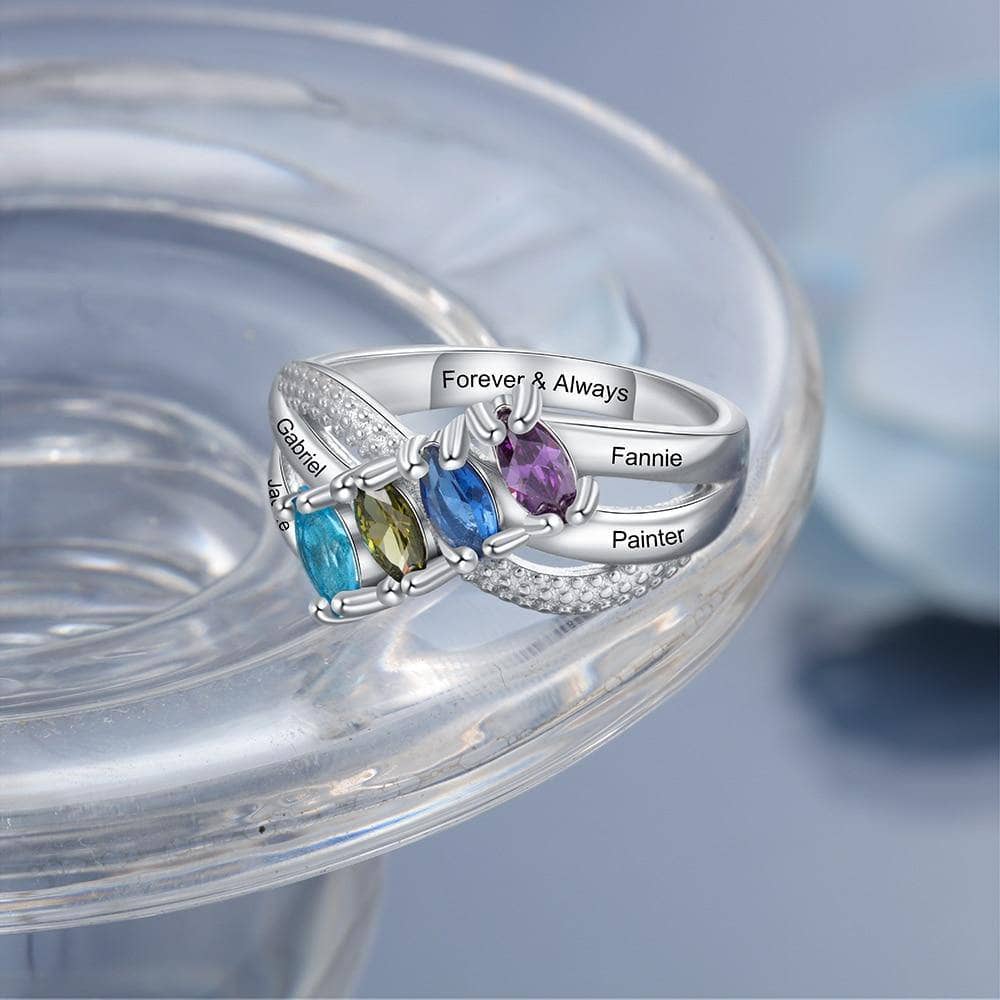 Personalized Family Name Engraved Rings with 4 Birthstones