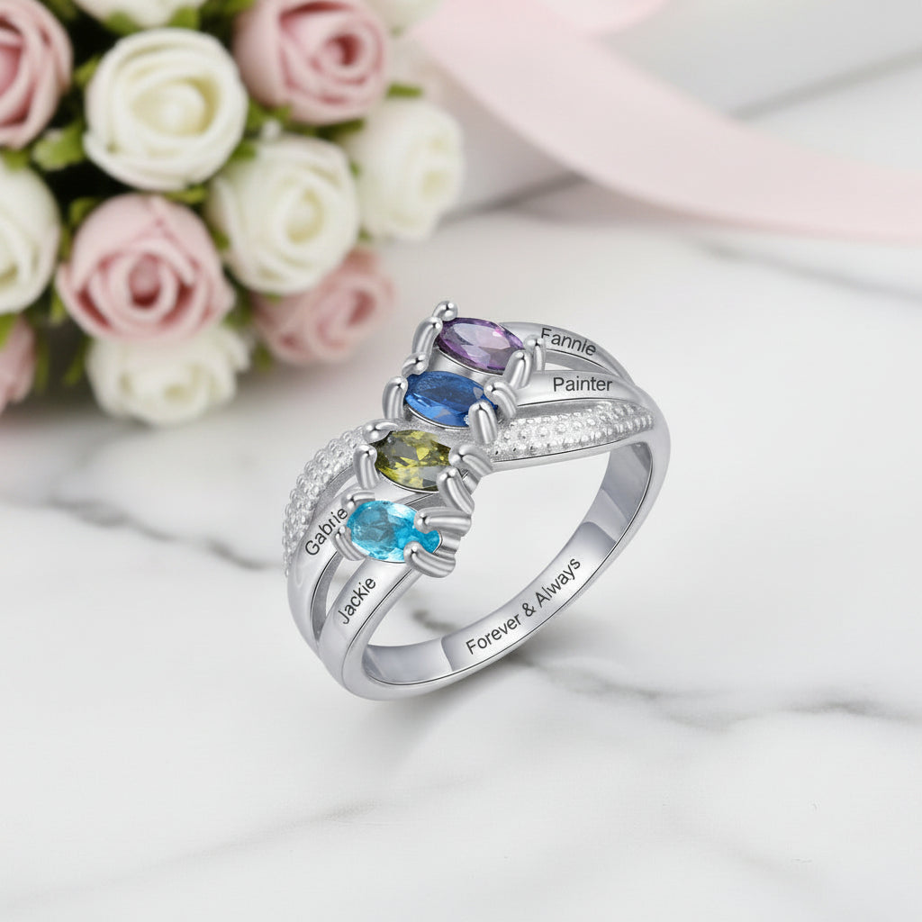Personalized Family Name Engraved Rings with 4 Birthstones-Black Diamonds New York