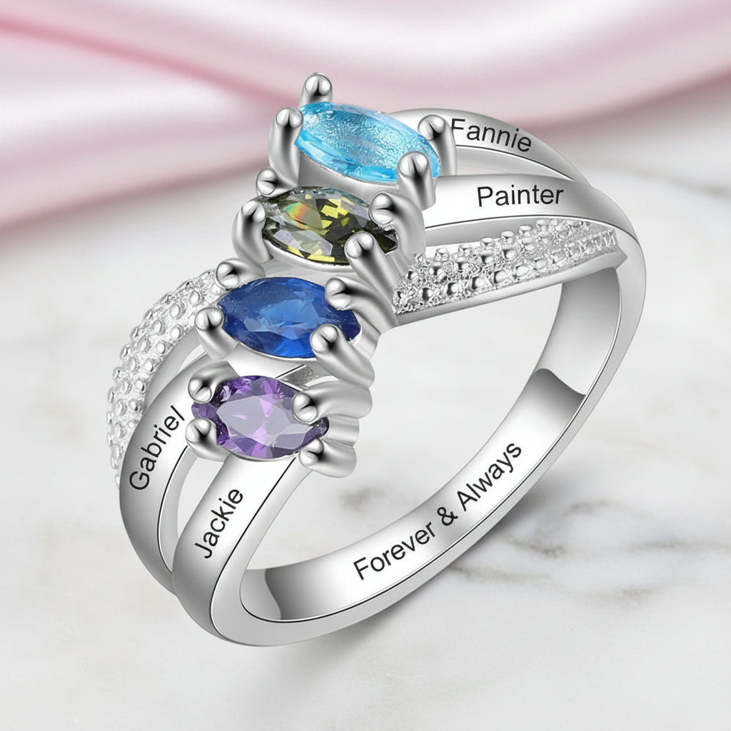 Personalized Family Name Engraved Rings with 4 Birthstones-Black Diamonds New York
