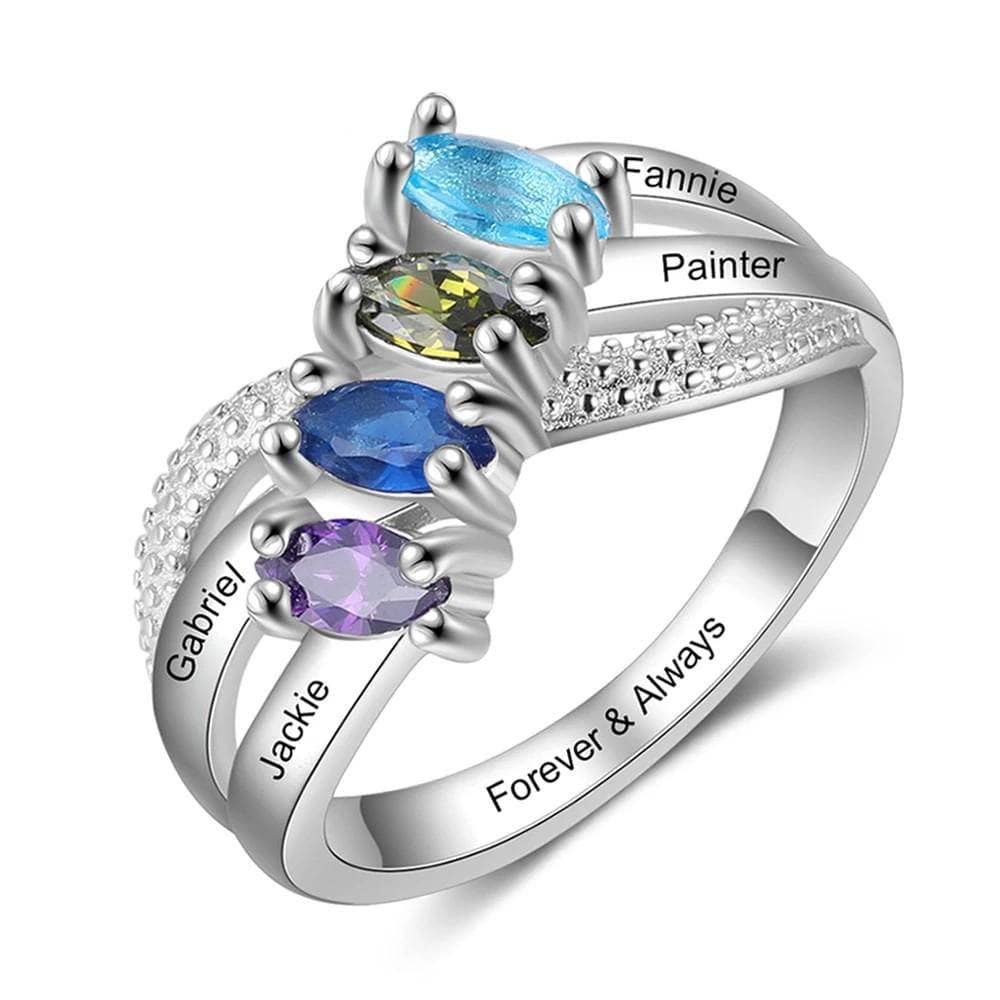 Personalized Family Name Engraved Rings with 4 Birthstones