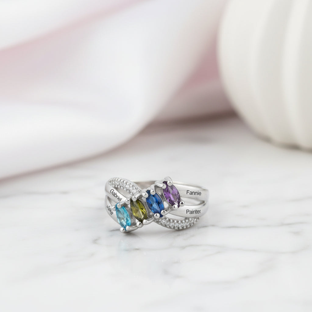 Personalized Family Name Engraved Rings with 4 Birthstones-Black Diamonds New York