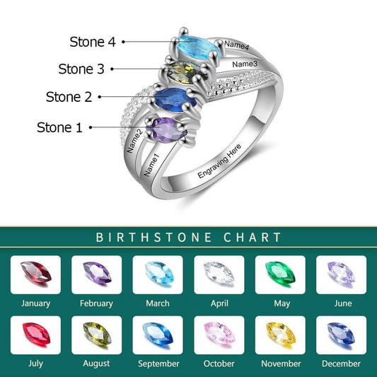 Personalized Family Name Engraved Rings with 4 Birthstones-Black Diamonds New York