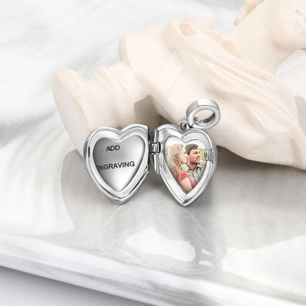 Personalized Heart Locket Photo Charm Necklace with Engraving - Black Diamonds New York