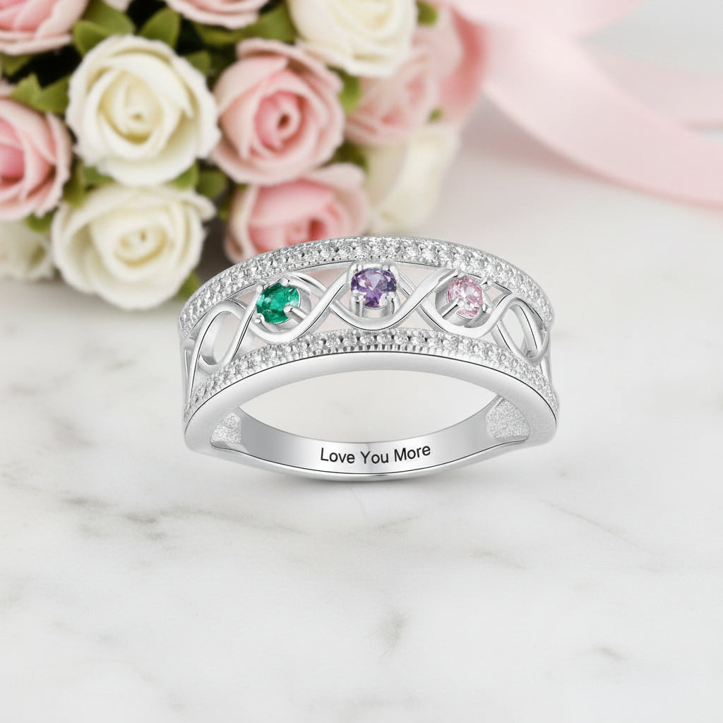 Personalized Promise Ring with 3 Birthstones Custom Name Infinity Love-Black Diamonds New York