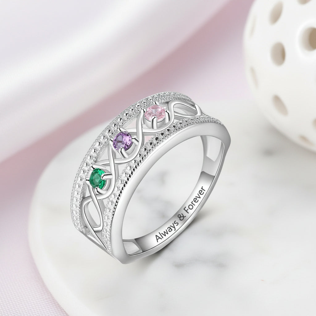 Personalized Promise Ring with 3 Birthstones Custom Name Infinity Love-Black Diamonds New York