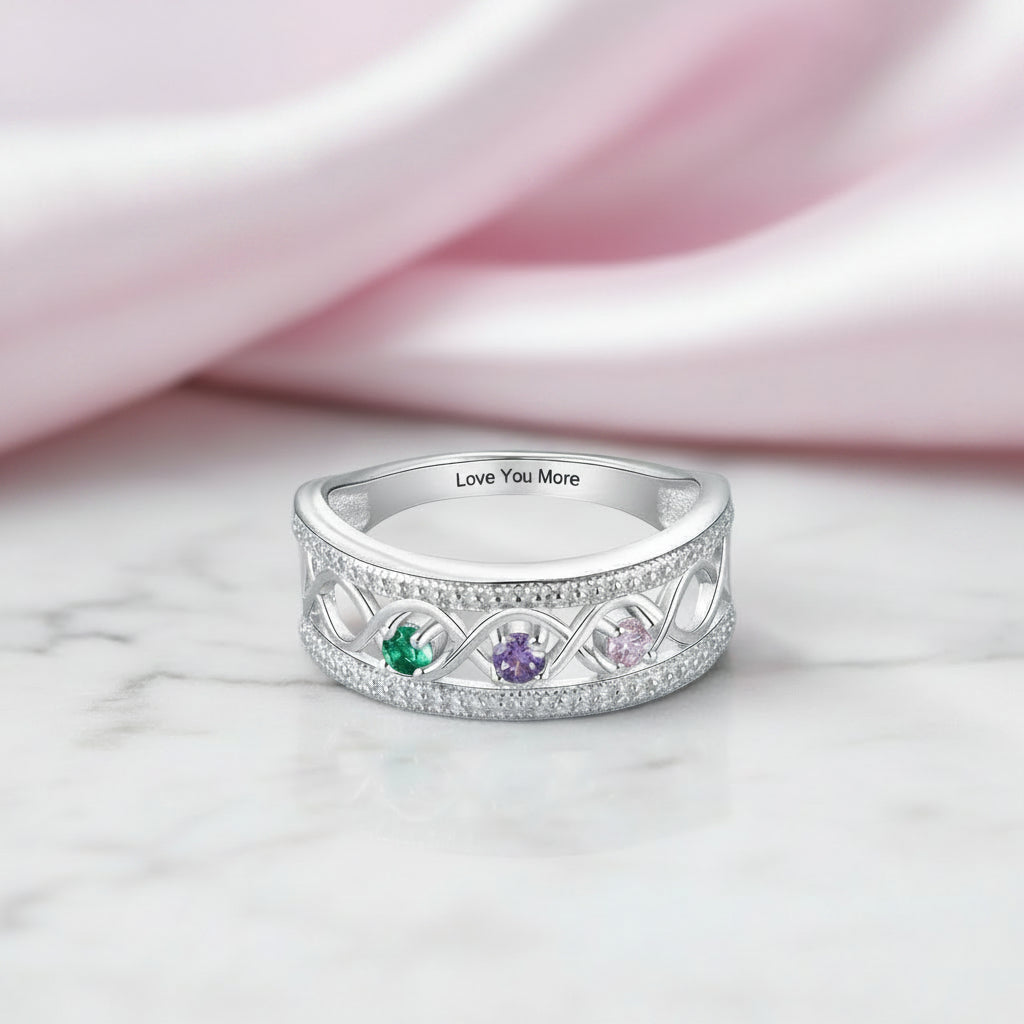 Personalized Promise Ring with 3 Birthstones Custom Name Infinity Love-Black Diamonds New York