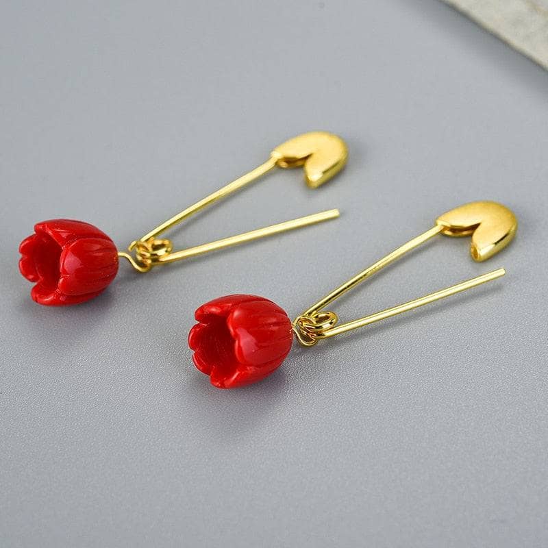 Pin Rose Flower Dangle Earrings-Black Diamonds New York