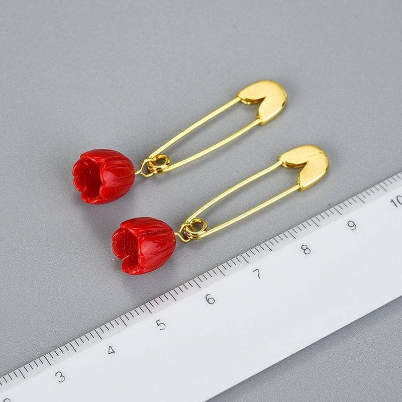 Pin Rose Flower Dangle Earrings-Black Diamonds New York