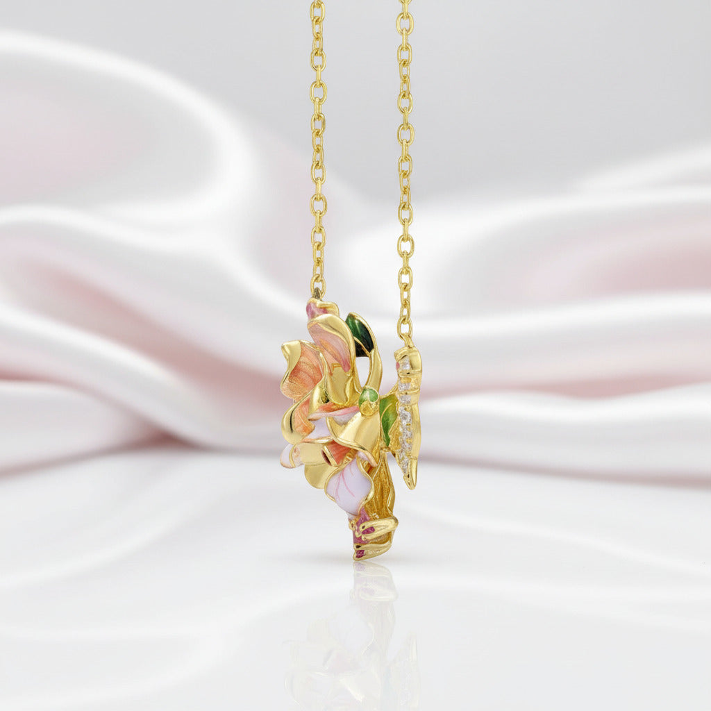Pink Enamel Flower Necklace-Black Diamonds New York