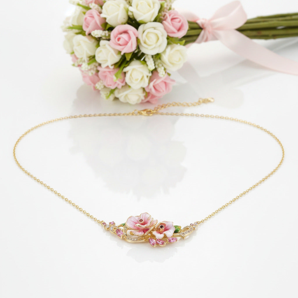 Pink Enamel Flower Necklace-Black Diamonds New York