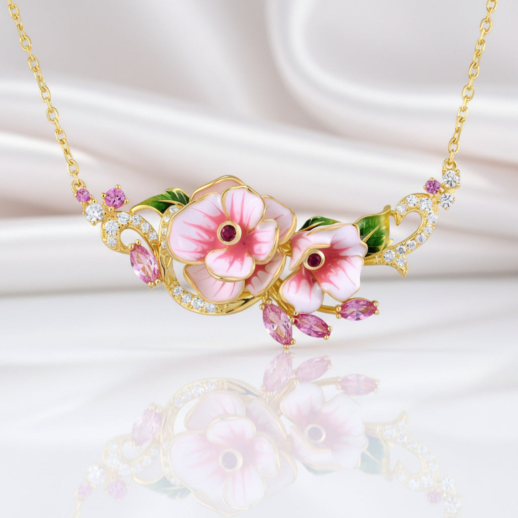 Pink Enamel Flower Necklace-Black Diamonds New York