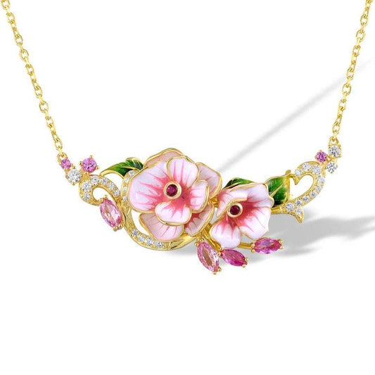 Pink Enamel Flower Necklace-Black Diamonds New York