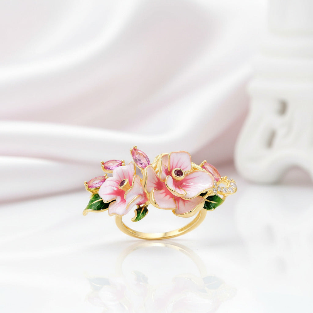 Pink Enamel Flower with Diamond Option Jewelry Set-Black Diamonds New York