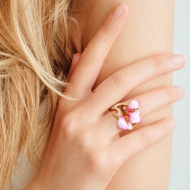 Pink Enamel Flower with EVN Stone Jewelry Set-Black Diamonds New York