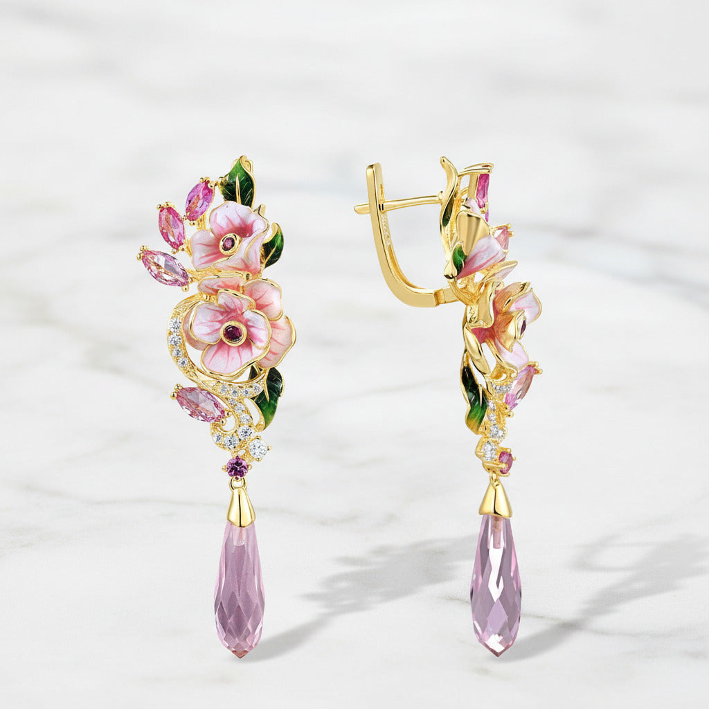 Pink Enamel Flower with Diamond Option Jewelry Set-Black Diamonds New York