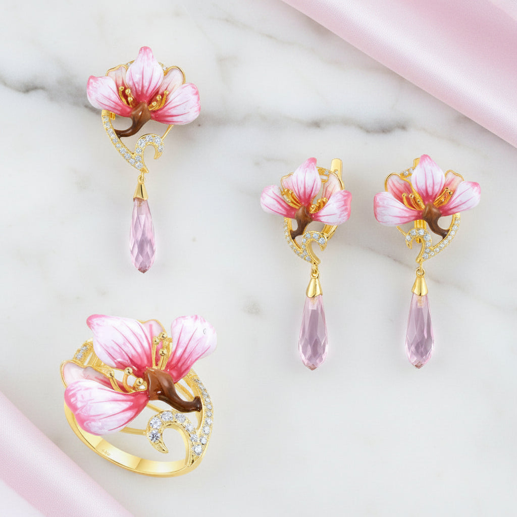 Pink Enamel Flower with Diamond Option Drop Earrings and Ring Jewelry Set-Black Diamonds New York