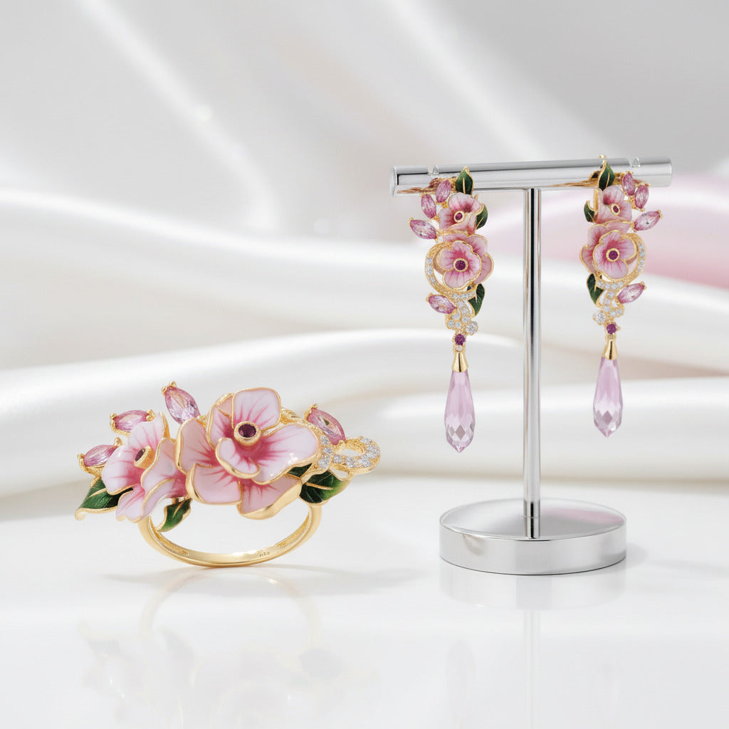 Pink Enamel Flower with Diamond Option Jewelry Set-Black Diamonds New York