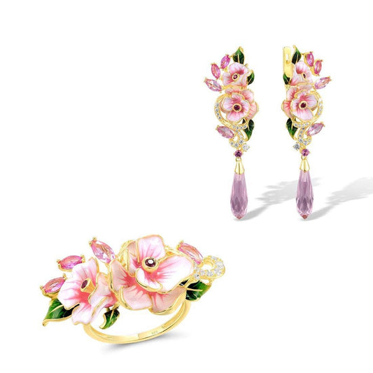 Pink Enamel Flower with Created Diamond Jewelry Set-Black Diamonds New York