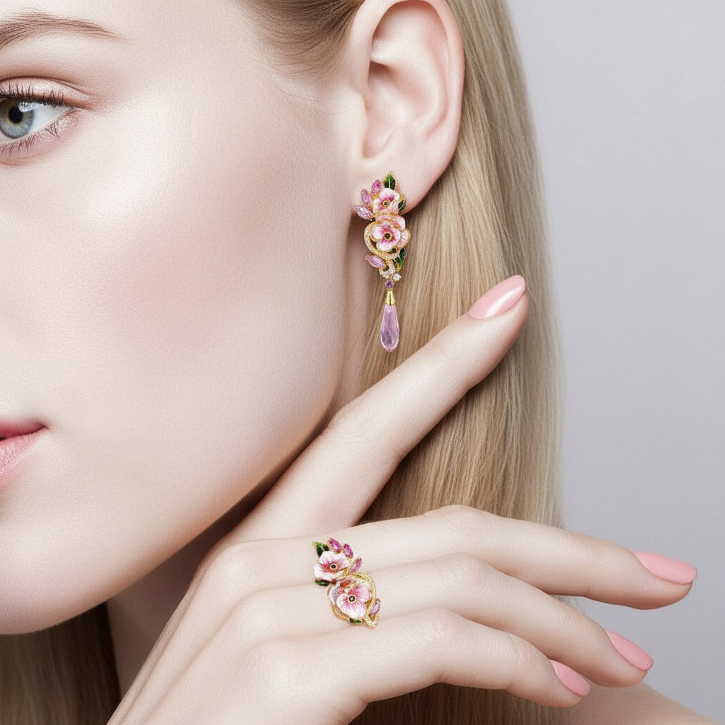 Pink Enamel Flower with Diamond Option Jewelry Set-Black Diamonds New York