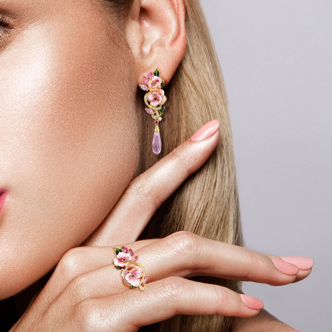 Pink Enamel Flower with Created Diamond Jewelry Set-Black Diamonds New York