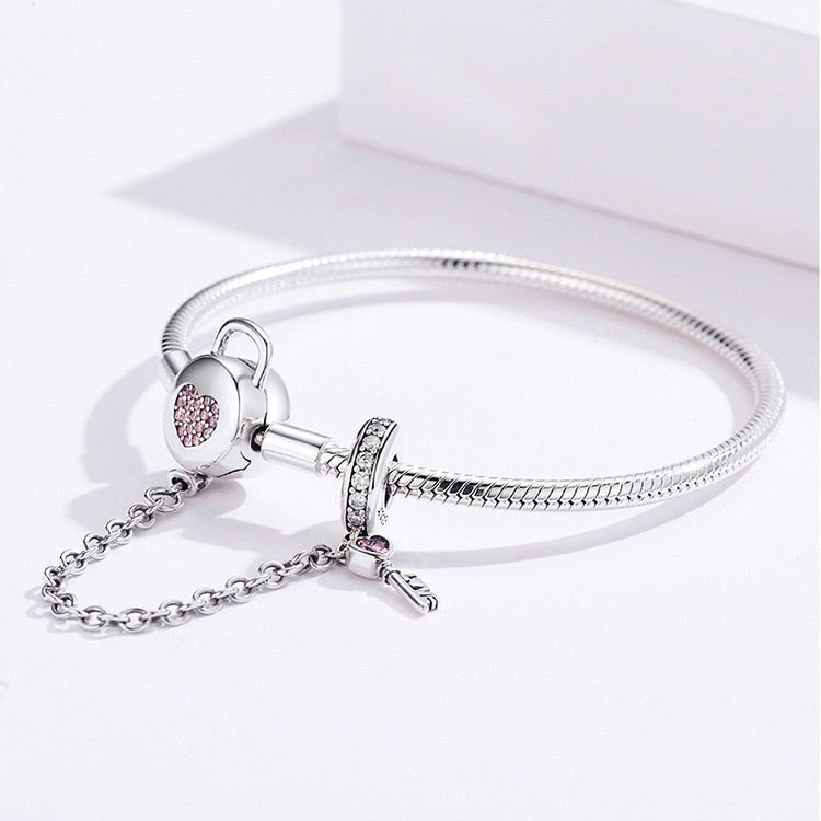 Pink EVN Stone Heart Lock & Key Safety Charm Bracelet