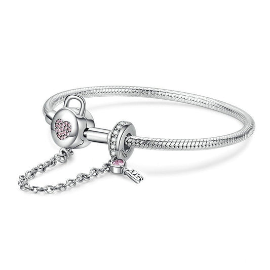 Pink EVN Stone Heart Lock & Key Safety Charm Bracelet-Black Diamonds New York