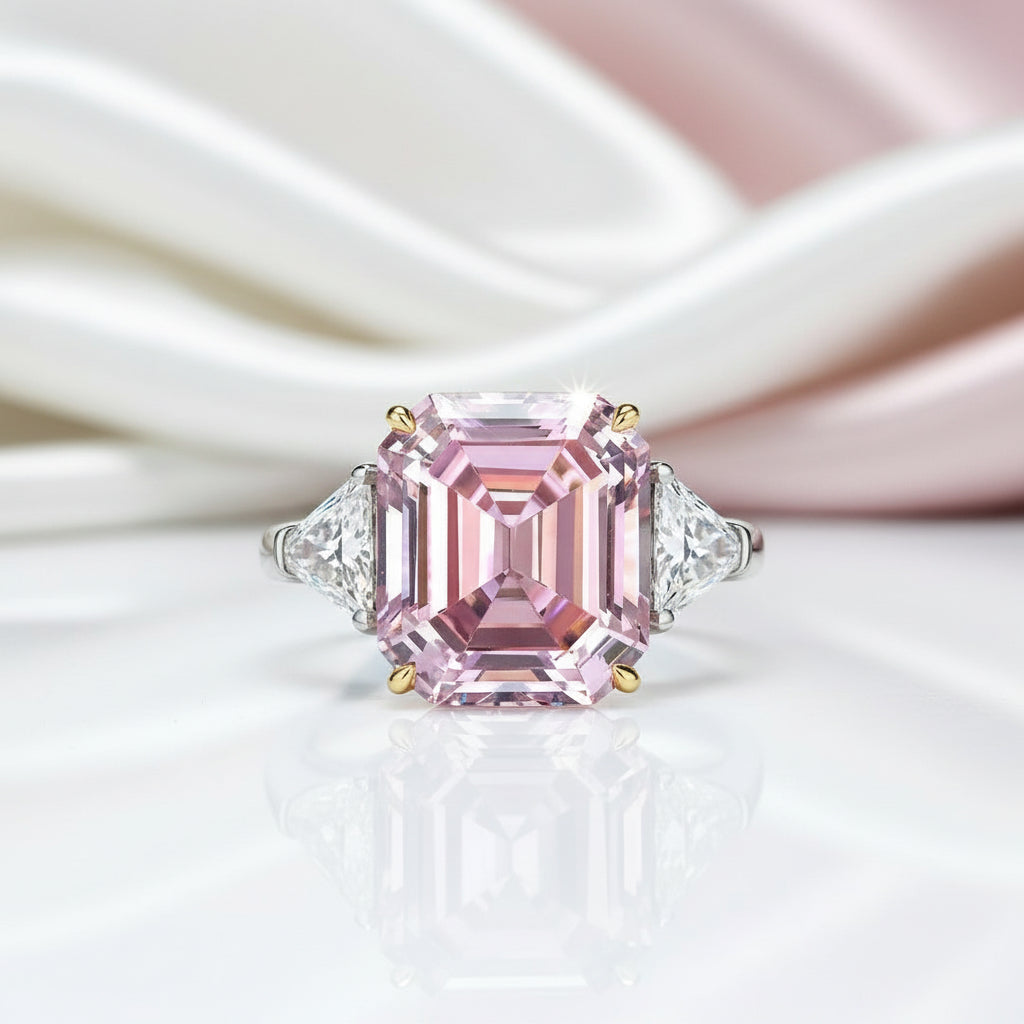 Pink Sapphire Asscher Cut and Trillion Cut Three Stone Engagement-Black Diamonds New York