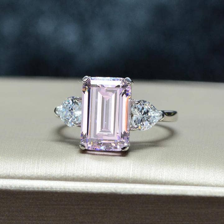 Pink Sapphire Emerald Cut Three Stone Engagement Ring