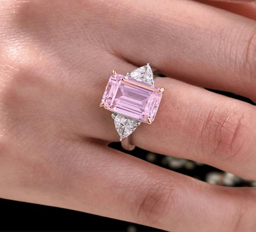 Pink Sapphire Emerald Cut Three Stone Engagement Ring - Black Diamonds New York