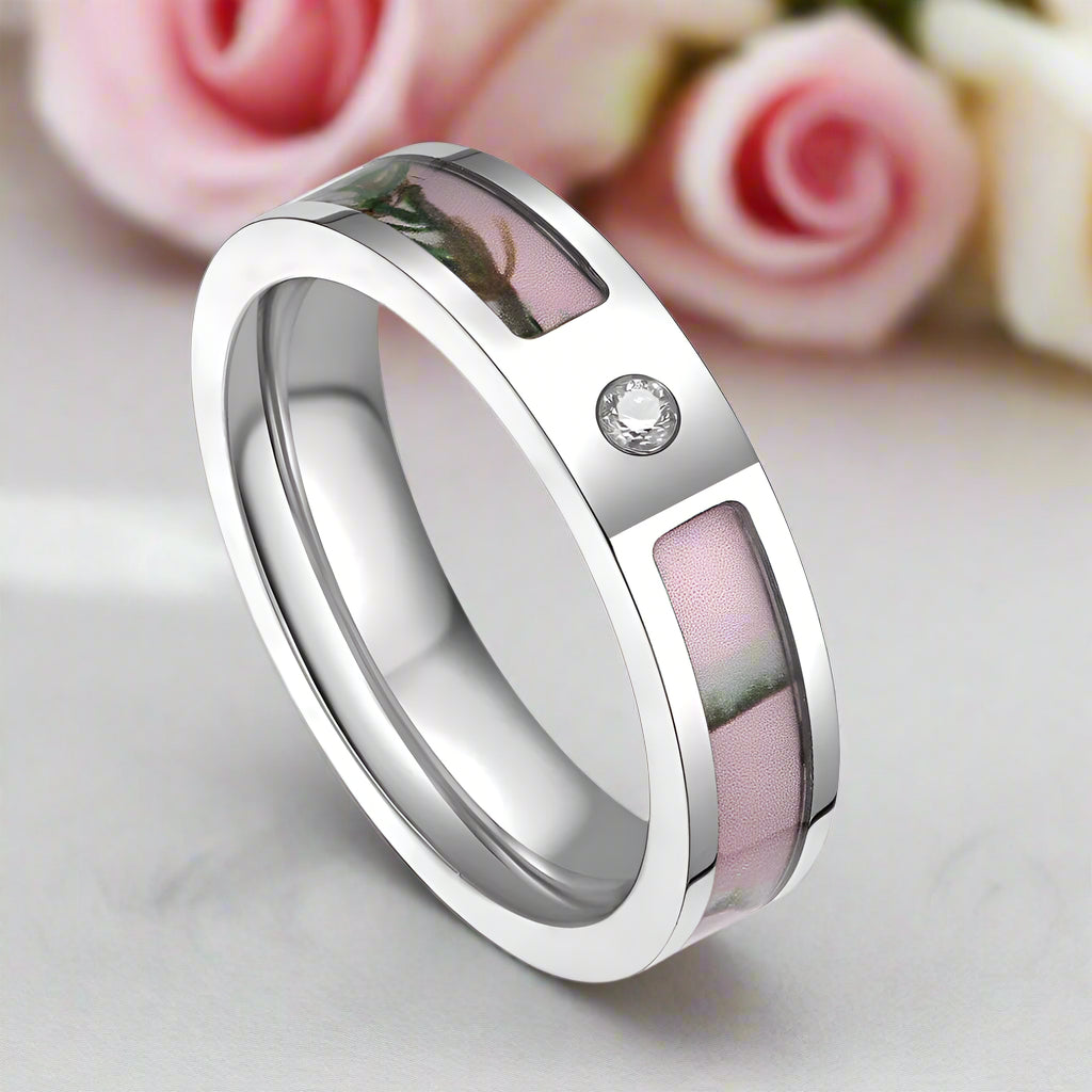 Pink Tree Camo Titanium Wedding Band with Diamond-Black Diamonds New York