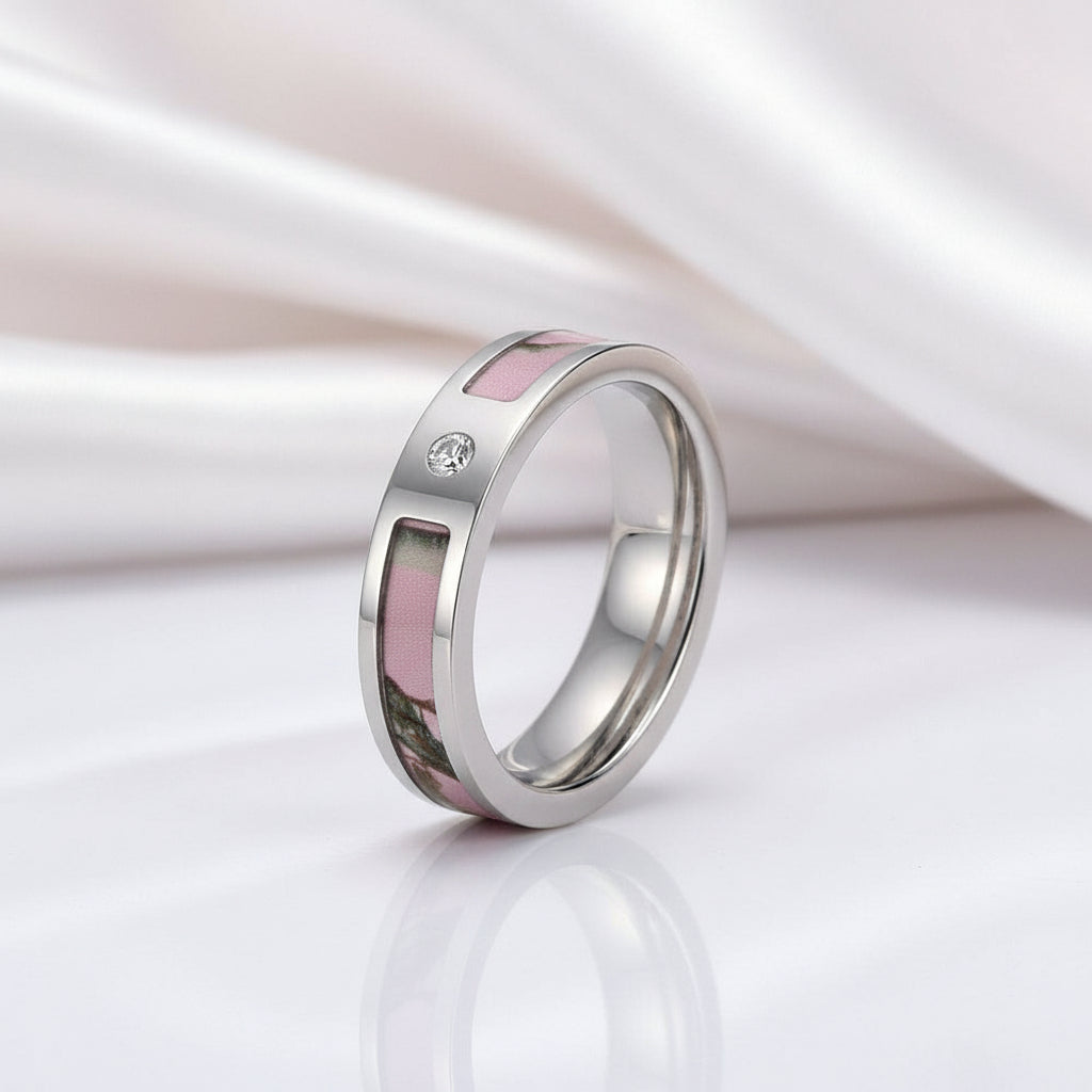 Pink Tree Camo Titanium Wedding Band with Diamond Option-Black Diamonds New York