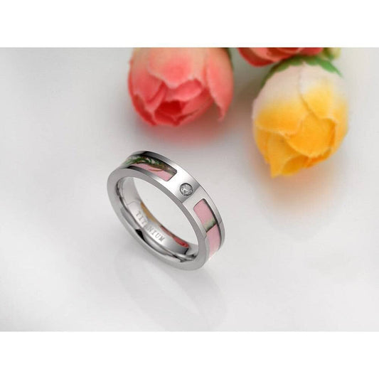 Pink Tree Camo Titanium Wedding Ring with Created Diamond-Black Diamonds New York